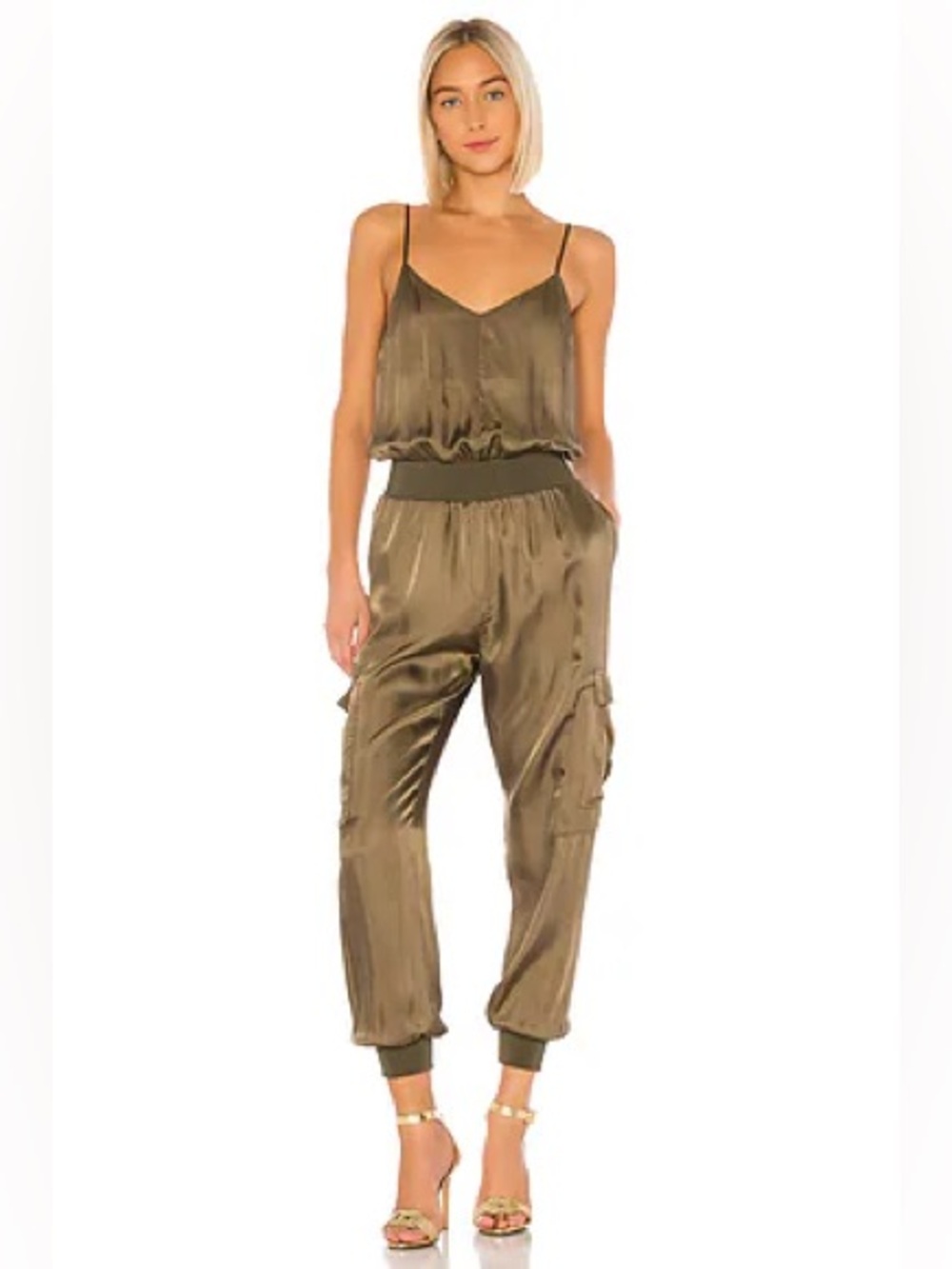 cinq a sept Olive Satin Cargo Jumpsuit